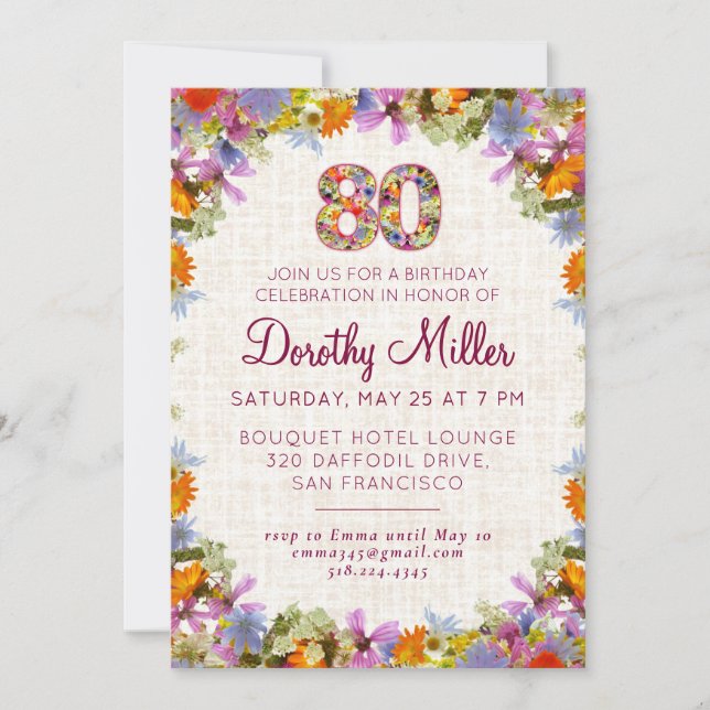 Invitación 80th Birthday Party – Elegant Floral Linen Design (Anverso)