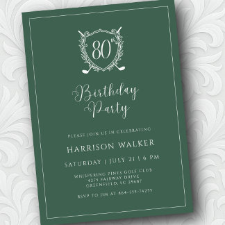 Invitación 80th Birthday Party Golf Crest Elegant Script Sage