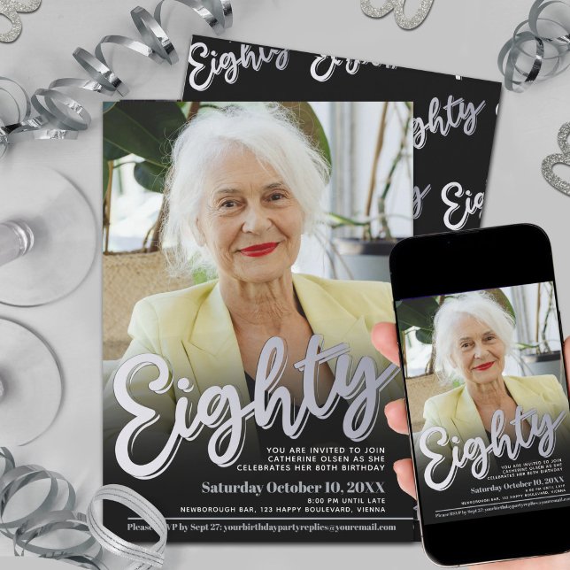 Invitación 80th Birthday photo silver eighty script party (Subido por el creador)