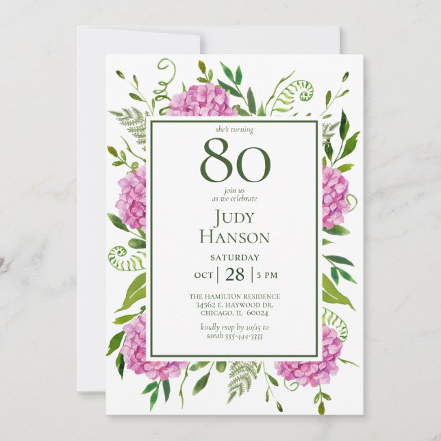 Invitación 80th Birthday Pink Hydrangeas Card Request  (Anverso)