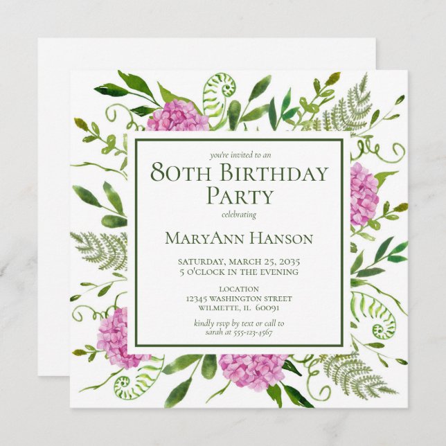Invitación 80th Birthday Pink Hydrangeas Card Request (Anverso / Reverso)