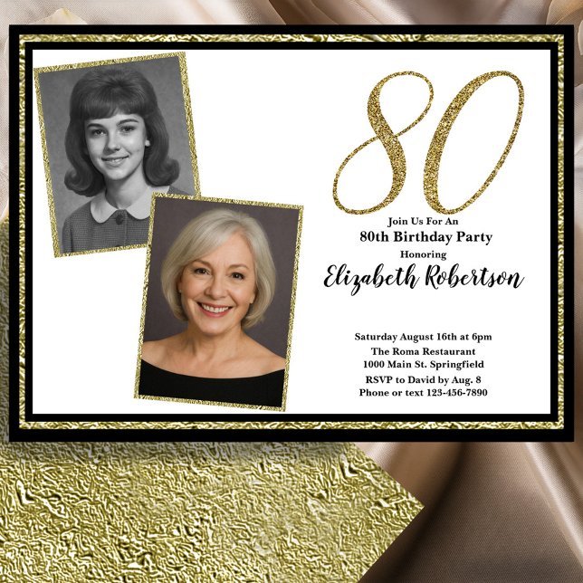 Invitación 80th Custom 2 Photo White Black and Gold  (Subido por el creador)
