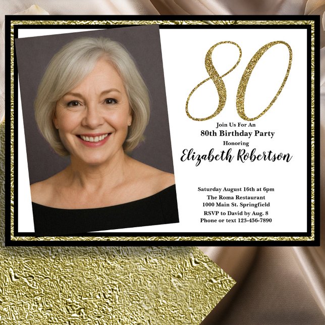 Invitación 80th Custom Photo White Black and Gold  (Subido por el creador)