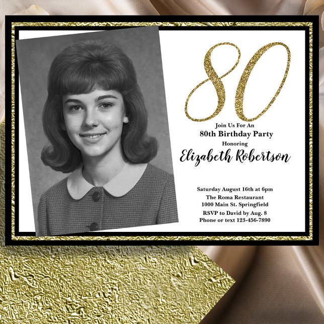 Invitación 80th Custom Photo White Black and Gold  (Subido por el creador)