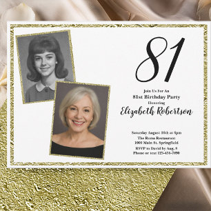 Invitación 81 Cumpleaños Foto Personalizada Blanco y Dorado 