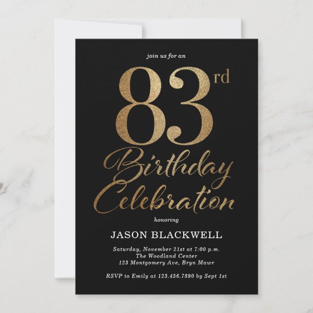 Invitación 83.ª Fiesta de Cumpleaños Negro y Oro (Anverso)