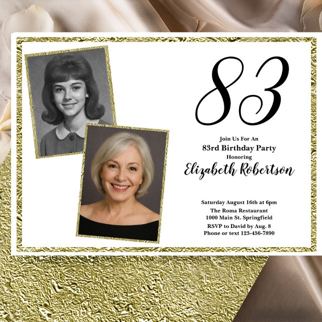 Invitación 83rd Custom Photo White and Gold  (Subido por el creador)