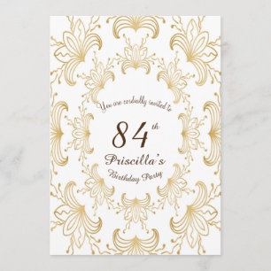 Invitación 84.ª fiesta de cumpleaños,Art Deco,Flor,oro,blanco