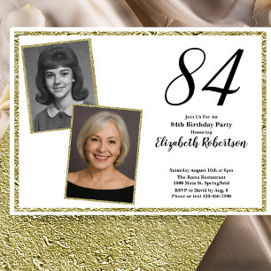 Invitación 84 Cumpleaños Foto Personalizada Blanco y Dorado 