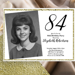 Invitación 84 Cumpleaños personalizado foto blanco y dorado