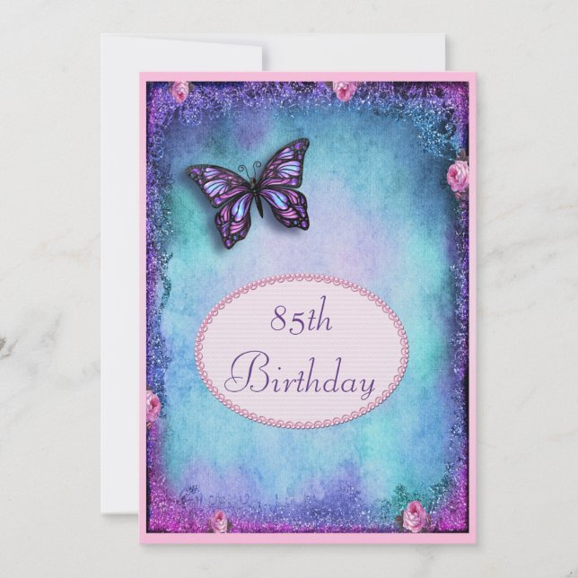 Invitación 85º Faux Brillo, Mariposa, Rosas y Encaje (Anverso)