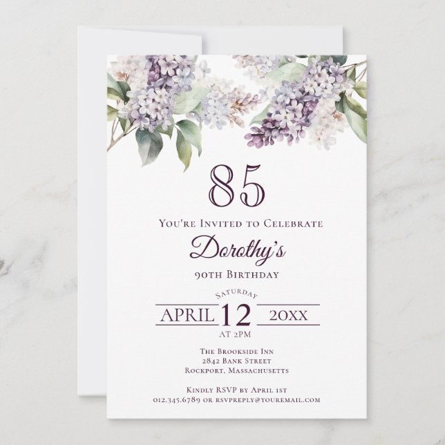 Invitación 85.º cumpleaños Flor Lilac Purple Spring (Anverso)