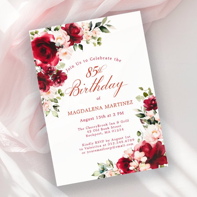 Invitación 85.º cumpleaños Floral de peonía rosa rosa rojo (Subido por el creador)