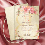 Invitación 85.º cumpleaños Floral Roses rosadas Fiesta de bañ<br><div class="desc">Invite a sus huéspedes con estilo a una fiesta de cumpleaños número 85 con esta antigua invitación floral con tarjeta plana. Esta elegante plantilla de diseño cuenta con rosas acuáticos en tonos rosados y melocotón con hojas verdes sobre un fondo dorado brillante. En el centro hay un gran número "85"...</div>