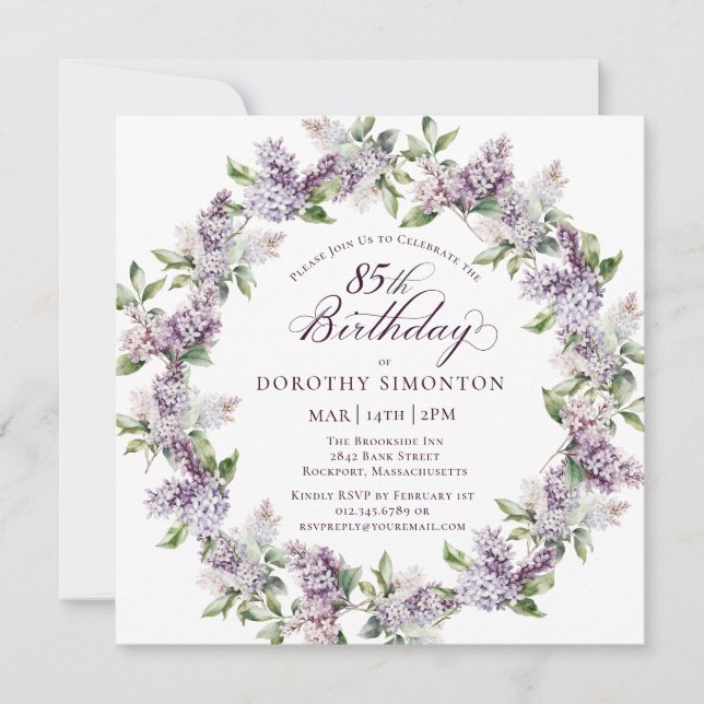Invitación 85.º cumpleaños Morado Lilac Spring Flower Square (Anverso)