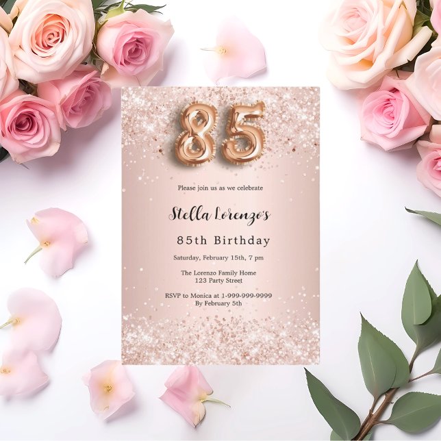 Invitación 85.º rosa de oro, confetti rosa (Subido por el creador)
