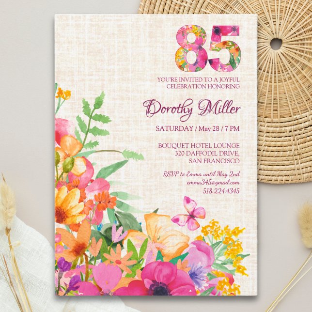 Invitación 85 Años Flores Floral Lino Cumpleaños 85 (Subido por el creador)