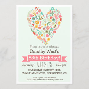 Invitación 85 cumpleaños, fiesta de cumpleaños de Corazón Flo