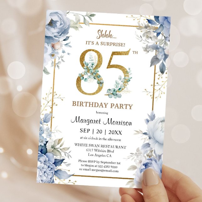 Invitación 85th Birthday Party Elegant Dusty Blue Floral (Subido por el creador)