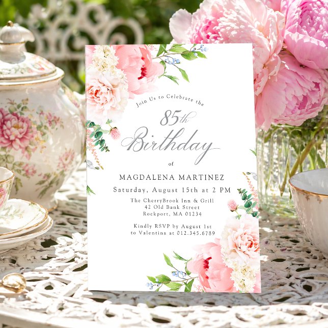 Invitación 85th Birthday Party Feminine Pink Roses Floral (Subido por el creador)