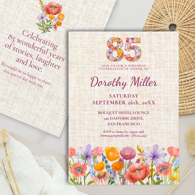 Invitación 85th Birthday Wildflower Design - Floral Number (Subido por el creador)