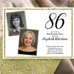 Invitación 86 Cumpleaños Foto Personalizada Blanco y Dorado
