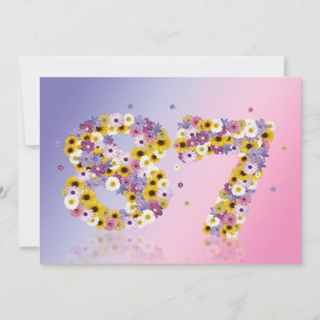 Invitación 87.ª fiesta de cumpleaños, con letras con flores (Anverso)