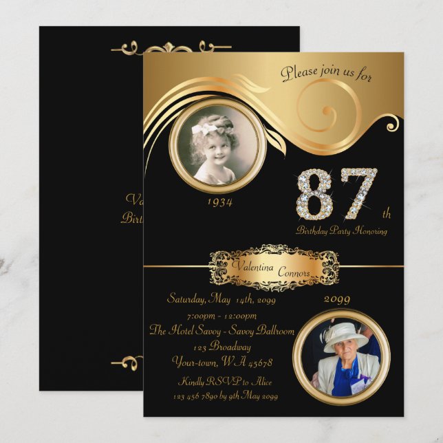 Invitación 87.º cumpleaños, mujer 87.ª, elegante deco artísti (Anverso / Reverso)