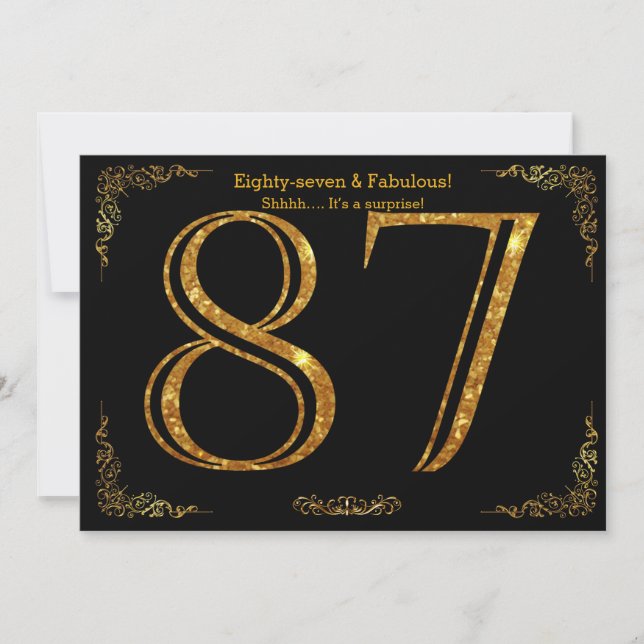Invitación 87 cumpleaños, Gatsby styl, purpurina de oro negro (Anverso)