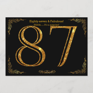Invitación 87 cumpleaños, Gatsby styl, purpurina de oro negro