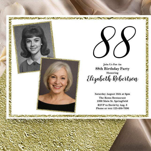 Invitación 88 Cumpleaños Foto Personalizada Blanco y Dorado  (Subido por el creador)