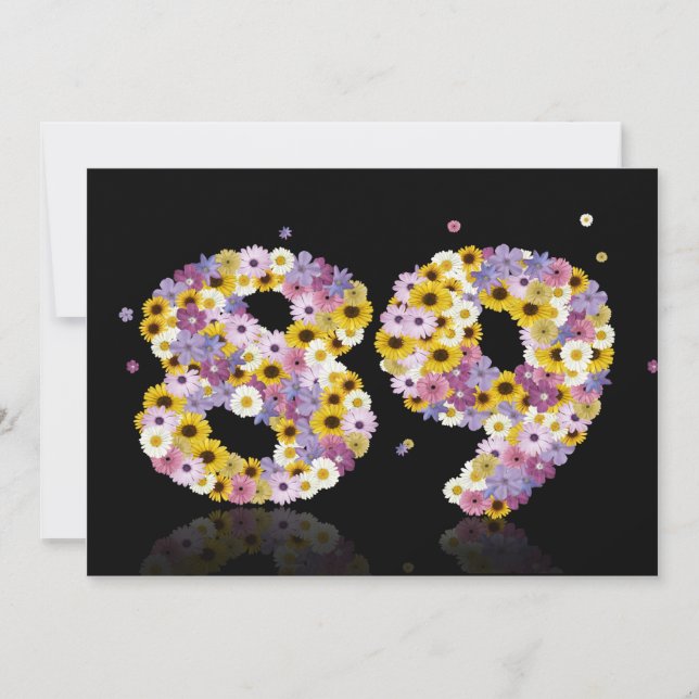Invitación 89ª fiesta de cumpleaños, con letras con flores (Anverso)