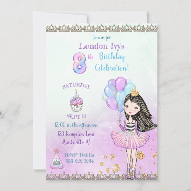 Invitación 8.ª Chica de cumpleaños Princesa Cupcake Balón (Anverso)