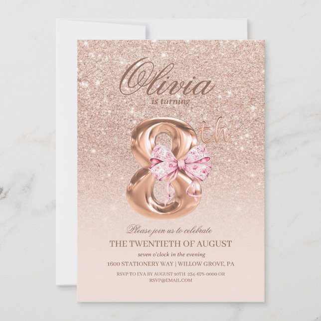 Invitación 8.ª fiesta de cumpleaños del Rosa de oro rosado (Anverso)