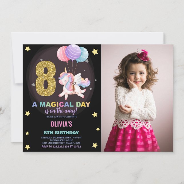 Invitación 8.ª foto de unicornio de cumpleaños (Anverso)