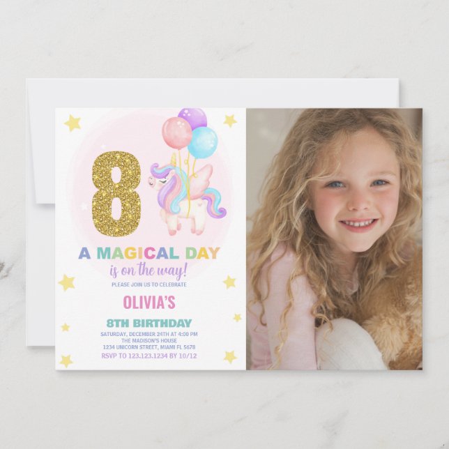 Invitación 8.ª foto de unicornio de cumpleaños (Anverso)