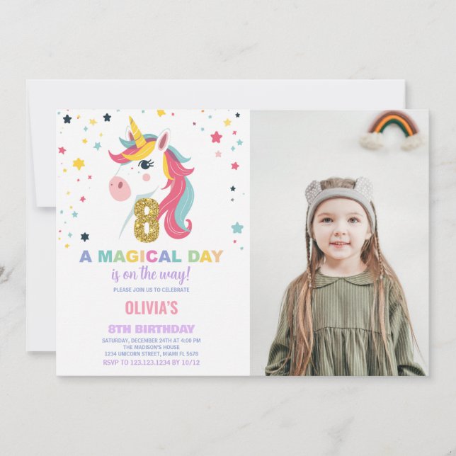 Invitación 8.ª foto de unicornio de cumpleaños (Anverso)