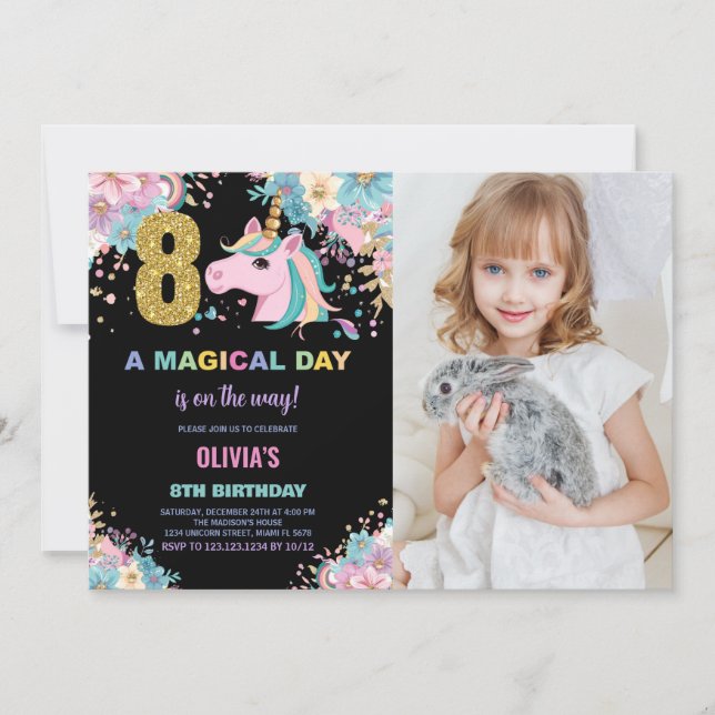 Invitación 8.ª foto de unicornio de cumpleaños (Anverso)