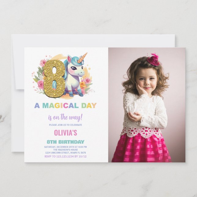 Invitación 8.ª foto de unicornio de cumpleaños (Anverso)