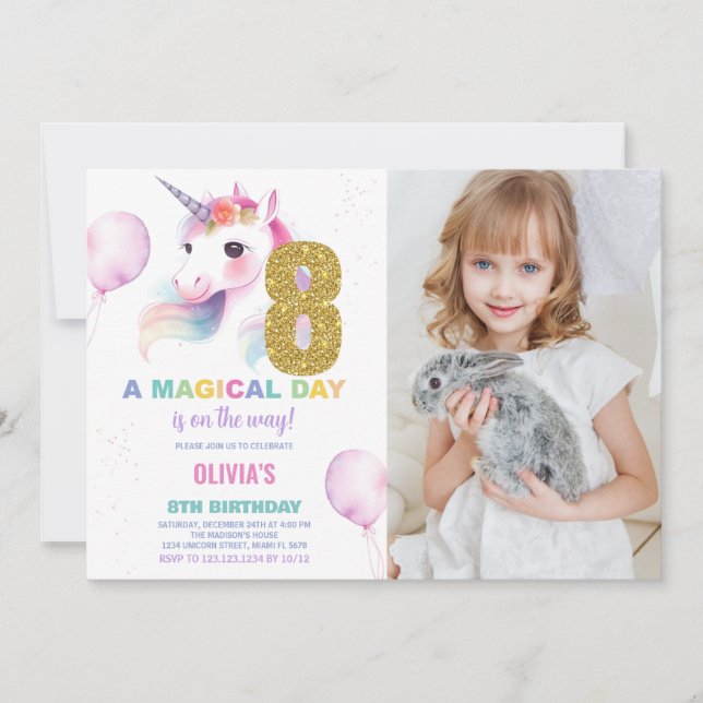 Invitación 8.ª foto de unicornio de cumpleaños (Anverso)