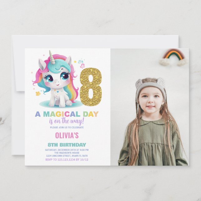 Invitación 8.ª foto de unicornio de cumpleaños (Anverso)