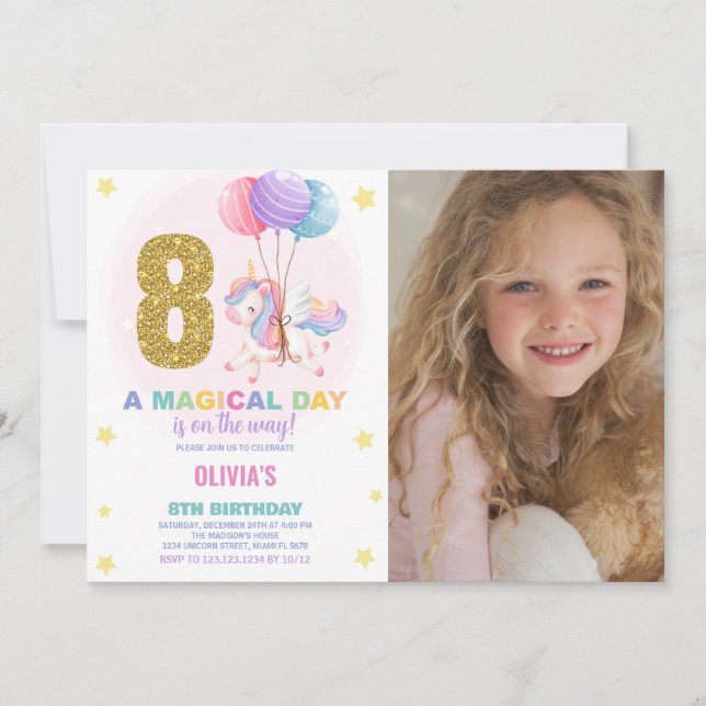 Invitación 8.ª foto de unicornio de cumpleaños (Anverso)