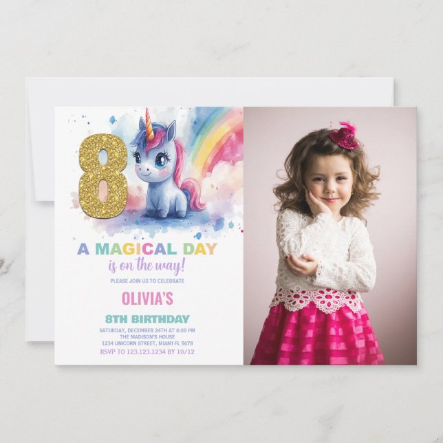Invitación 8.ª foto de unicornio de cumpleaños (Anverso)