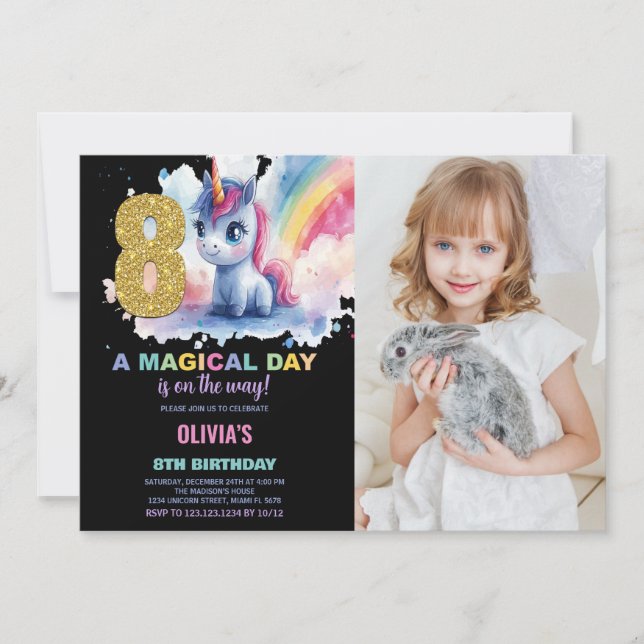 Invitación 8.ª foto de unicornio de cumpleaños (Anverso)