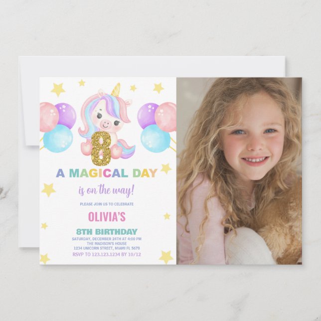 Invitación 8.ª foto de unicornio de cumpleaños (Anverso)