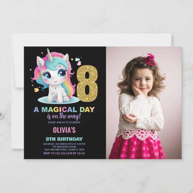 Invitación 8.ª foto de unicornio de cumpleaños (Anverso)
