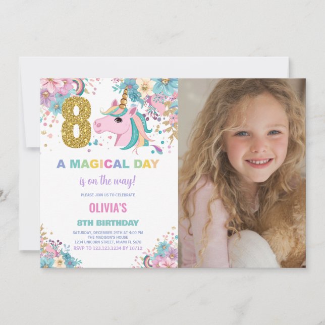 Invitación 8.ª foto de unicornio de cumpleaños (Anverso)