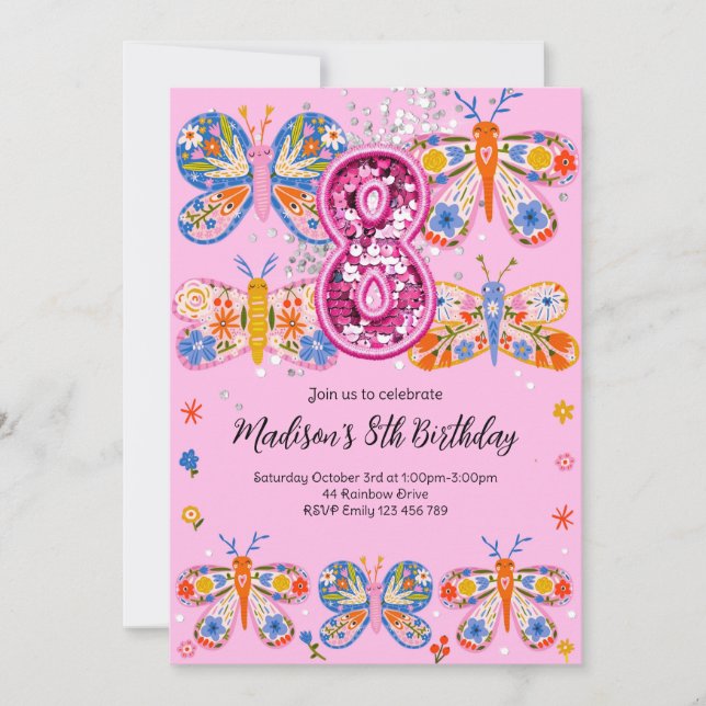 Invitación 8.ª mariposa de cumpleaños (Anverso)