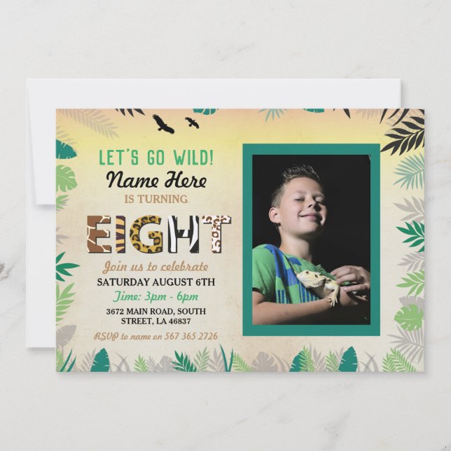 Invitación 8.ª Wild Eight Birthday Party Safari ZOO Photo (Anverso)
