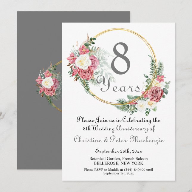 Invitación 8.º Boda de bronce Rosas marco de oro (Anverso / Reverso)
